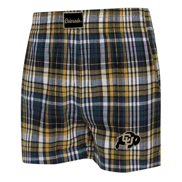 CU Buffaloes plaid shorts with yellow, black, white, and blue checks, elastic waistband, and embroidered CU logo.
